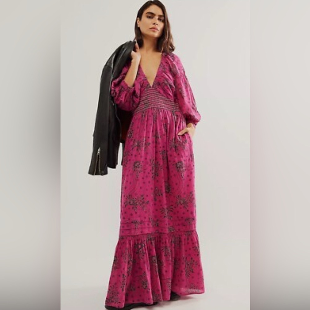 Free People Golden Hour Magenta Maxi Dress, Elegant Pink Floral Maxi Dress